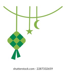 single hanging rice dumpling with crescent moon and star as lantern ornament for ramadan and eid celebration decoration flat design vector illustration style