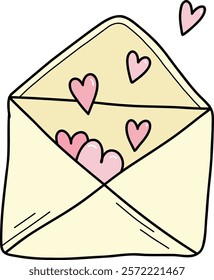 Single happy Valentines day envelope with pink hearts flying . Hand drawn envelope with declaration of love on Valentine's day. Send love message in envelope on Valentine's, Mother's or Women's Day