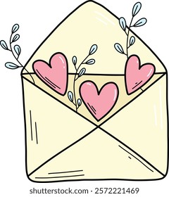 Single happy Valentines day envelope with pink hearts flying . Hand drawn envelope with declaration of love on Valentine's day. Send love message in envelope on Valentine's, Mother's or Women's Day