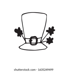 Single hat top hat for elf . Decorated with clover.  Doodle style. St. Patrick's day decoration.Hand-drawn. Black line.  Vector isolated on a white background.