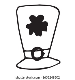 Single hat top hat for elf . Decorated with clover.  Doodle style. St. Patrick's day decoration.Hand-drawn. Black line.  Vector isolated on a white background.