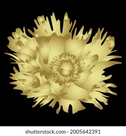 Single head of poppy or peony flower. Golden glossy silhouette on black background. Isolated vector illustration.