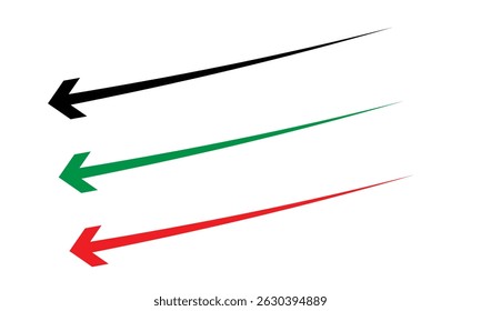 Conjunto de ícone de seta de uma única cabeça verde preta e curva vermelha. Uma ilustração de seta vermelha verde-preta final.  Design de vetor substituível. Seta de ponta única. Seta semicírculo.