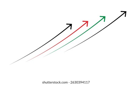 Einköpfiges schwarz-rotes-grünes langes Pfeilsymbol. Einseitige Pfeildarstellung. Ersetzbares Vektordesign. Schwarz grün und rot einköpfige Kurve Pfeilsymbol gesetzt. Pfeil-Symbol gesetzt. 
