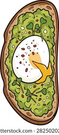Single healthy avocado toast slice topped with soft poached egg vector illustration