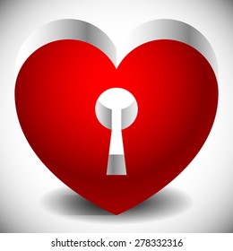 Single heart with keyhole in it. Metallic 3d effect and shadows.