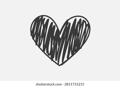 Single heart shape filled with dense black hand-drawn scribble texture, isolated on a light grey background.