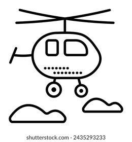 Single helicopter black line vector icon, clouds and copter pictogram, cute chopper in flight, minimal illustration