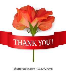 Single hibiscus flower and red ribbon with inscription THANK YOU! Realistic vector illustration. White background.