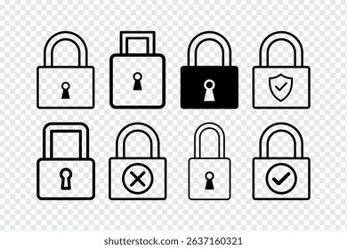 A single high-quality padlock icon set depicting various security statuses, ideal for websites, apps, or presentations needing visual security representations. 