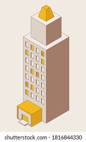 Single high-rise building isometric drawn with outline mode. Business center good for office and living in yellow and brown.