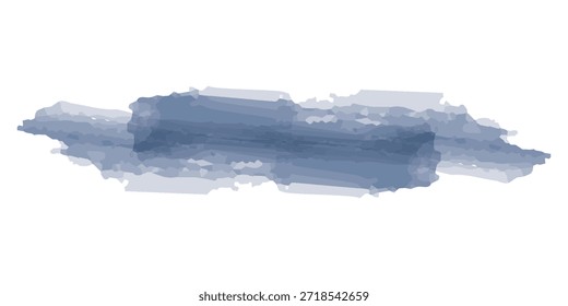Um único traçado de pincel horizontal em tons variáveis de tinta azul em aquarela, isolado em um plano de fundo branco.