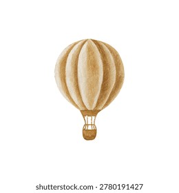Single hot air balloon with striped beige envelope and wicker basket