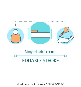 Single hotel room concept icon. Business traveler. Hostel, dormitory booking. One person rent room idea thin line illustration. Vector isolated outline drawing. Editable stroke