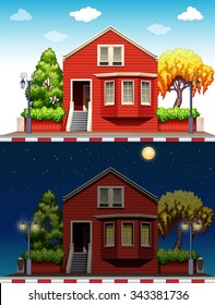 Single House At Daytime And Nighttime Illustration
