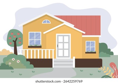Casa única. Casa com jardim verde, grama e árvores na rua. Prédio sem cerca. Casa de campo na cidade ou subúrbio com telhado, exterior, entrada e estrada. Apartamento para corretores. Ilustração vetorial