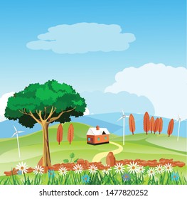 Single house on green hills Flat illustration of Countryside view, summer Landscape vector