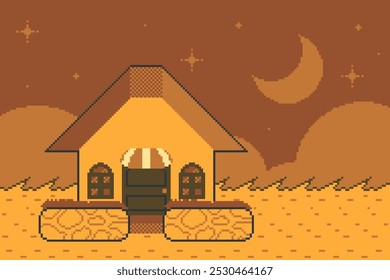 Single of House at Pastoral in Autumn night, Pixel Art Style Illustration