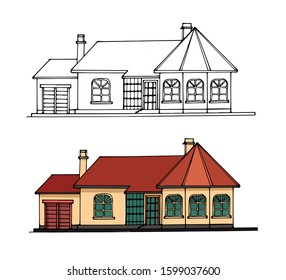 Single House In The Sketch Style.Hand Drawn Isolated Illustration Of The Cottage.Outline And Colored Version.Architecture Draft Of The Building With Garage.