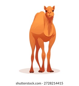 Single hump camel facing forward in cartoon style on a white background. Concept of desert wildlife and animal character. Vector illustration