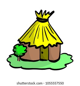 Single hut with roof and door on green lawn vector illustration sketch hand drawn with black lines isolated on white background