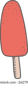 Um único pop de sorvete com uma superfície texturizada em um estilo desenhado à mão. O picolé tem um padrão pontilhado e um bastão de madeira. Ilustração de vetor de desenhos animados.