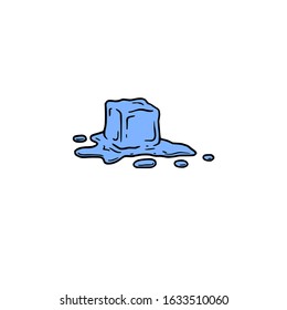 Single ice cube melting from solid to a liquid form under the warm temperature, simple hand drawn logo illustration. Iced water in a square shape cartoon drawing icon.