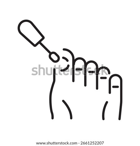 Single icon of applying nail polish on toes, representing beauty, self-care, and foot grooming. Editable stroke vector illustration.