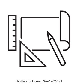 Icono único de dibujo arquitectónico con herramientas de Regla y dibujo en estilo de contorno, Ilustración vectorial de trazo editable