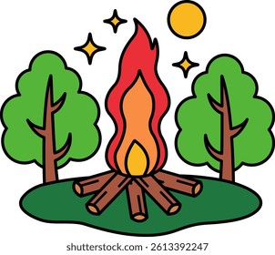 single icon of a campfire in a forest at night