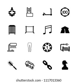 Single icon. collection of 16 single filled and outline icons such as tent, kick scooter, 1 casino chip, hanger, chess horse. editable single icons for web and mobile.
