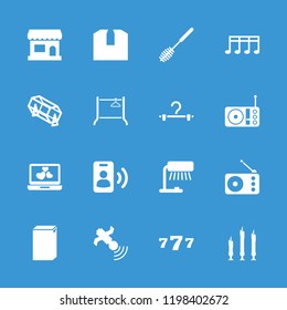 Single icon. collection of 16 single filled icons such as lottery, table lamp, satellite, candle, store, 7 number, hanger. editable single icons for web and mobile.