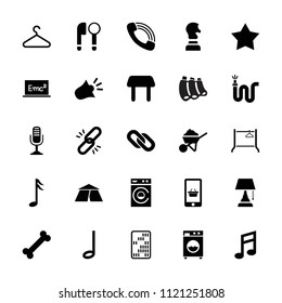 Single icon. collection of 25 single filled icons such as table, washing machine, construction, chain, water hose, call, music note. editable single icons for web and mobile.