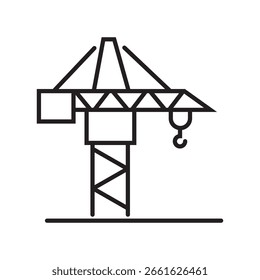 Icono único de la grúa de construcción utilizada en proyectos de elevación pesada en estilo de contorno. Ilustración vectorial de trazo editable.