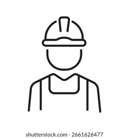 Single icon of construction worker wearing helmet and vest in outline style. Editable stroke vector illustration.