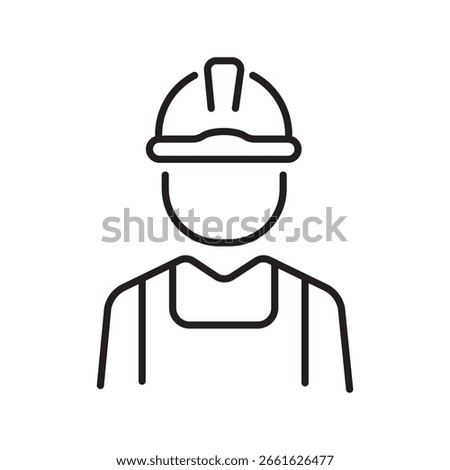 Single icon of construction worker wearing helmet and vest in outline style. Editable stroke vector illustration.