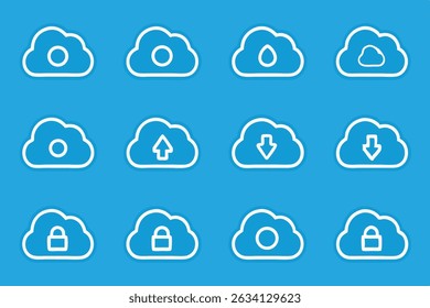 A single icon depicting cloud computing services, including cloud storage, upload, and download functionalities, designed with a professional and modern aesthetic.
