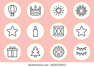 A single icon depicting festival elements like diyas, lanterns, fireworks, and candles, perfect for celebratory designs and applications.