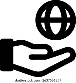 A single icon depicting a hand holding a globe, symbolizing global connection or responsibility.