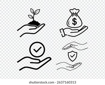 A single icon depicting hands symbolizing growth, investment, and protection. The design uses a combination of colors to represent these concepts visually.