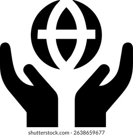 Single icon of hands holding a globe, representing world ecology. This image features ecology, environment, globe, hands, icon.