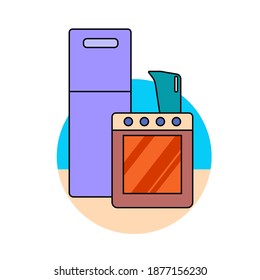 icono único de los electrodomésticos de cocina. icono redondo con estufa, frigorífico y hervidor aislado sobre fondo blanco. ilustración vectorial en estilo plano