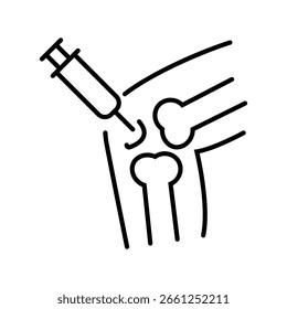 Ícone único de uma injeção no joelho, comumente usado para temas médicos, de tratamento ou ortopédicos. Ilustração editável do vetor de traçado.