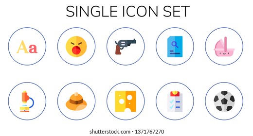 single icon set. 10 flat single icons.  Collection Of - text, microscope, shouting, hat, pistol, cheese, search, checklist, carrycot, soccer ball