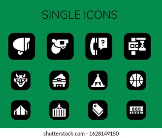 single icon set. 12 filled single icons.  Simple modern icons such as: Lamp, Hannya, Tent, Pistol, Piano, Container, Question, Tag, Crane, Basketball, Ram
