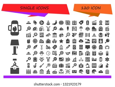 single icon set. 120 filled single icons.  Collection Of - Lamp, Crane, Hat, Tag, Traffic signal, Candle, Sausage, Volleyball, Picture, Machine, Price tag, Clapperboard, Clocks