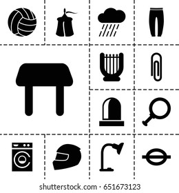Single icon. set of 13 filled singleicons such as table, washing machine, underpants, rain, music note, table lamp, siren, helmet, volleyball, tent, harp, paper clip