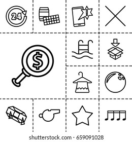 Single icon. set of 13 outline singleicons such as hanger, lottery, box, music note, cancel, swimming pool, 24 hours, whistle, dollar search, important message, bowling ball