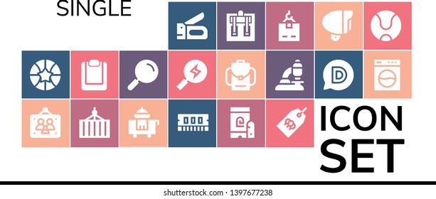single icon set. 19 filled single icons.  Simple modern icons about  - Stapler, Basketball, Picture frames, Container, Room service, Ram, Fingerprint, Tag, Clipboard, Search, Backpack