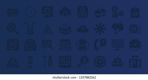 single icon set. 32 filled single icons. on blue background style Collection Of - Football, Search, Online shop, Tent, Time, Zipper, Clock, Traffic light, Screw, Cloud download